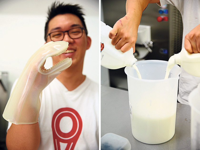 A silicone glove prevents skin colouration from the steam of caramelising sugar (left). Pouring milk into the ice-cream mixture (right)