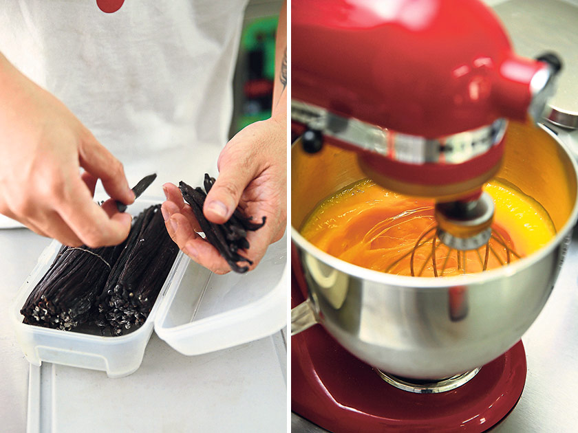 Cheam uses the finest vanilla pods from Madagascar (left). Whisking egg yolks (right)