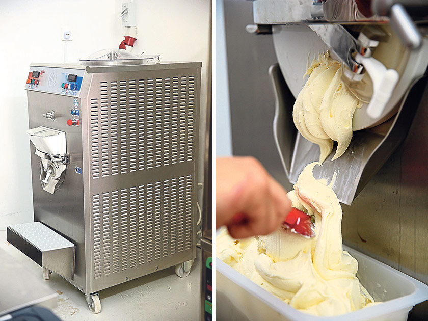 This 10-litre batch freezer can produce up to 40 litres of ice-cream per hour (left). Freshly-churned ice-cream is poured into tubs to harden (right)