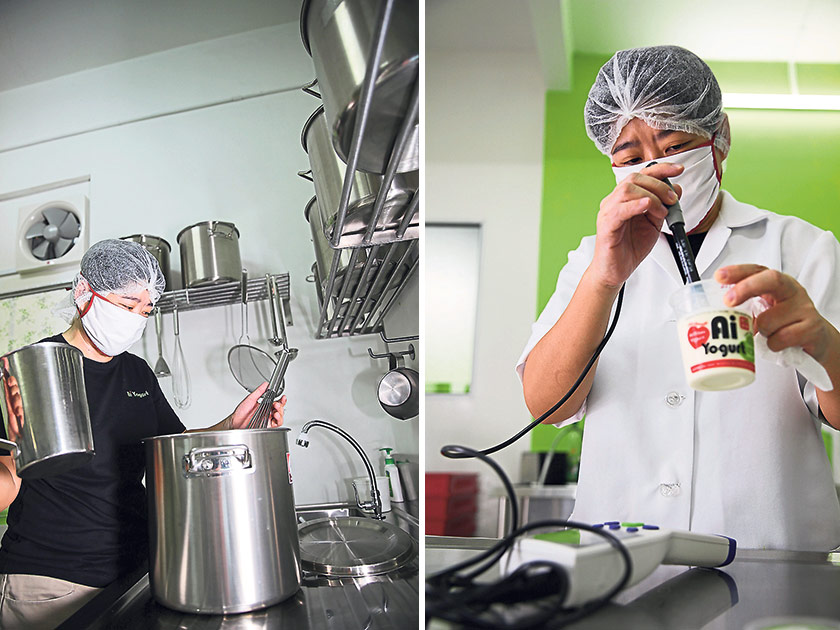 The yogurt is made under clean room conditions for hygiene (left). The pH levels are maintained at 4.5 to 4.7 to ensure a smooth consistency (right)