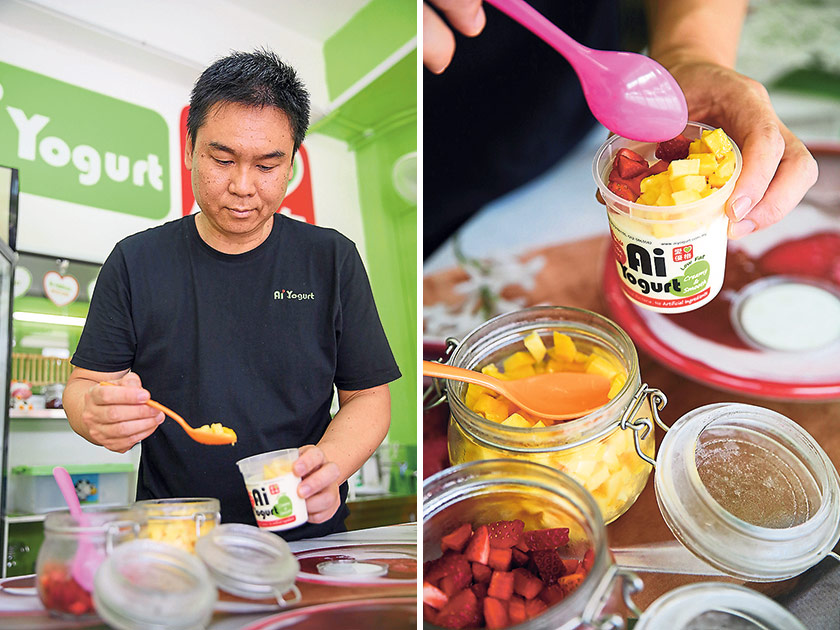 Find Tea Soo Song at the markets at Mont Kiara every week with their yogurts (left). You can add all kind of fresh fruits or even muesli to the yogurts at their store or the markets (right)