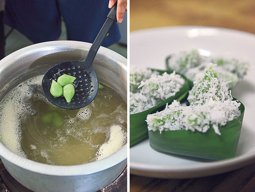 The tear drop shaped dough is gently cooked in boiling water (left). The tiny onde-onde is rolled in finely grated fresh coconut and artfully arranged in pandan leaf baskets (right)