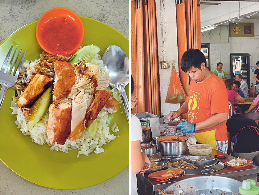 Hong Seng Restaurant’s popular roasted chicken rice (left). The stall owner at Tuck Kee dishing out plate after plate of chee cheong fun (right)