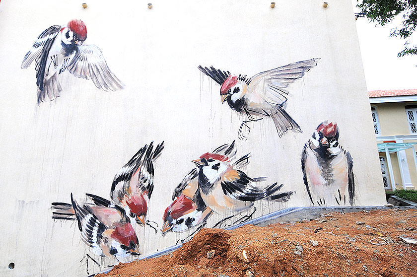 Sparrows by Ernest Zacharevic at Botanica CT clubhouse, 156, Jalan Sungai Air Putih in Balik Pulau