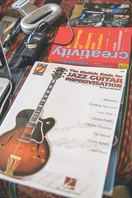 “I had the Motivic Basis for Jazz Guitar Improvisation by Steve Rochinski for a while. It was left in storage and I only got it back. Steve Rochinski was one of my teachers at Berkeley. I practice from this book on and off.” — Pictures by Choo Choy May