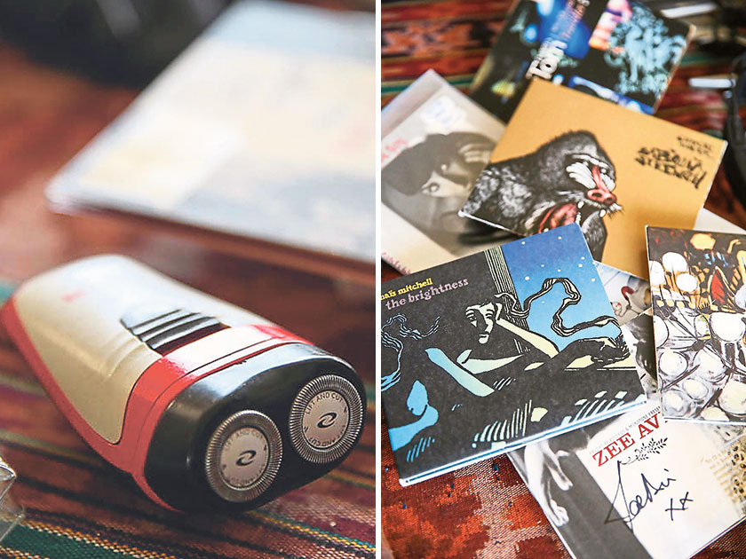 “This is my shaver. I use it to look young before going out for gigs” (left). “These are a bunch of my favourite CDs. There’s Charlie Hunter. He used to b signed under Blue Note. I like to listen to Anas Mitchell too, she is a singer-songwriter from Vermont. I’ve got Ani Difranco as well as Punch Brothers. There is this collaboration between Nels Clive and Thurston Moore. This is the type of music I like to listen to. What I miss most about living in the US is to be able to walk to these huge indie music stores” (right)