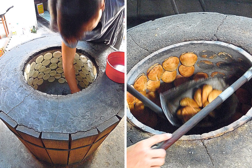 “Harvesting” the biscuits from the walls is not an entirely easy process; if one is not skilled, the biscuits will either fall into the pit or break into pieces from the scraping off process (left). The biscuits are actually “stuck” onto the inner walls of the large wells, then broiled with a fire generated by burning coconut husks (right)