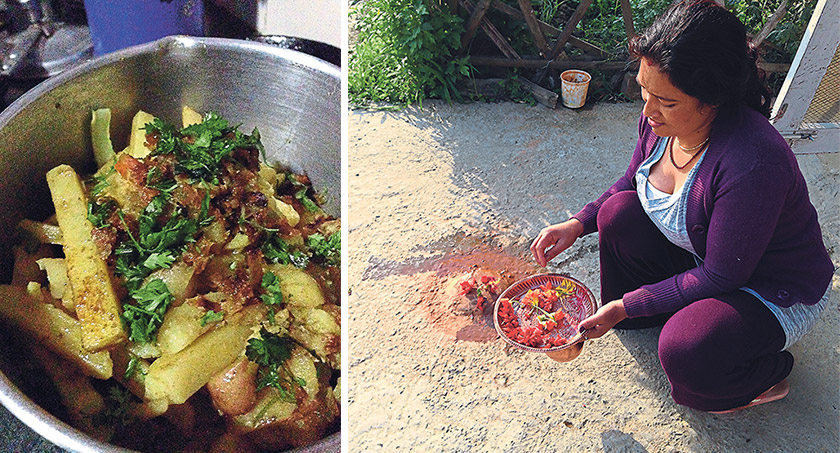 Belku’s fried potatoes salad (left). Belku’s morning ritual is to prepare offerings to bless the house (right)