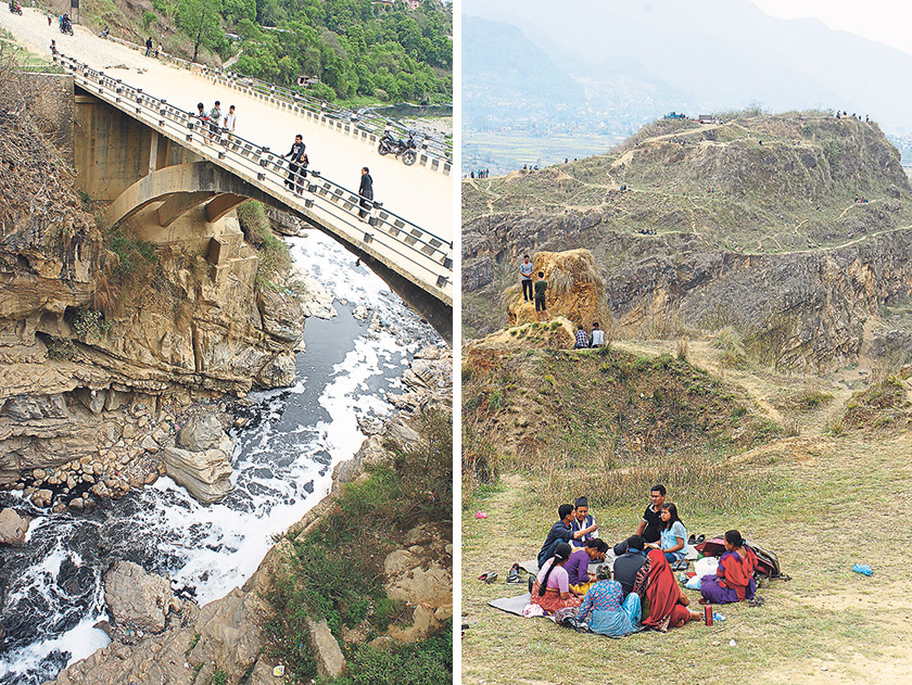 Looking down over Chobar Gorge (left). Locals picnicking during the Newari New Year (right)