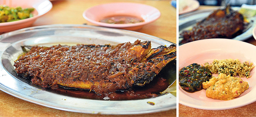 Ikan Siakap Bakar at Tasik Raban Restaurant; you can also choose from the many readily-grilled fish available but just be aware of the cost of each written on piece of small paper (left). The sambal tempoyak at Tasik Raban Restaurant goes really well with the ulam, although this may be an acquired taste for some (right)