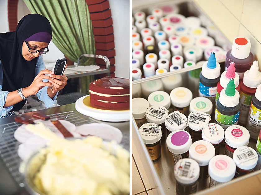 The Internet savvy baker likes to use Instagram to post pictures of her cakes, swiftly gaining 20,000 followers in the process (left). Imported gel-type food colourings offer an assortment of hues for decorating the cake (right)