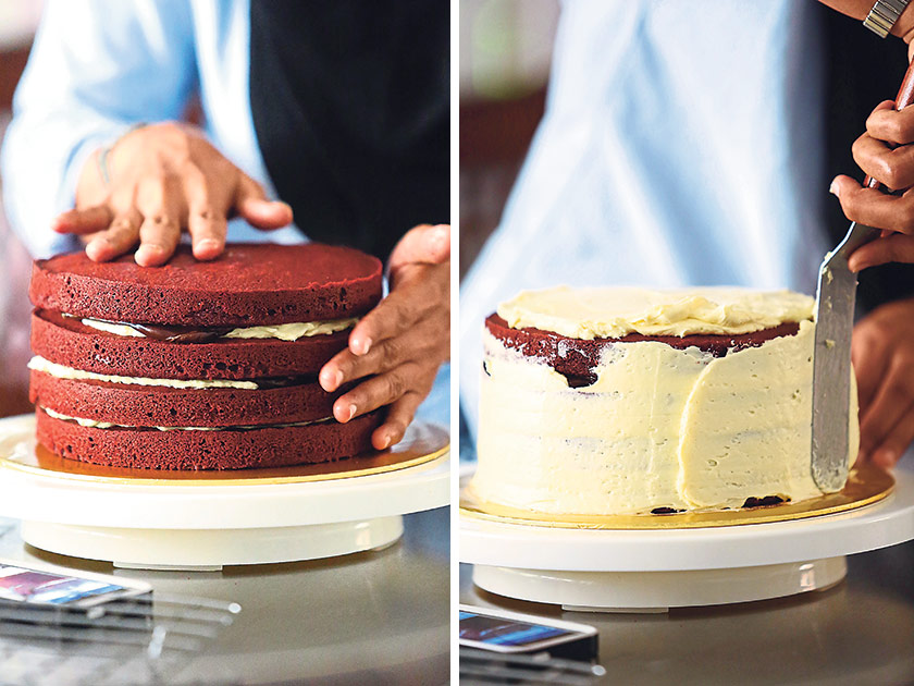 Torting (splitting the cake layer horizontally into layers) and stacking add extra height to the cake (left). Leveling the icing and crumb coating (right)