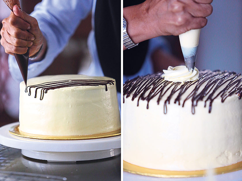 A final coat of icing before drizzling with a dark chocolate ganache (left). Piping a rose swirl using a Wilton 1M tip (right)