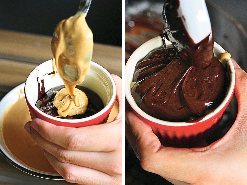 A dollop of peanut butter or two should be enough; don’t over do it (left). Don’t worry about a perfect finish; the cakes will be turned upside-down when done (right)