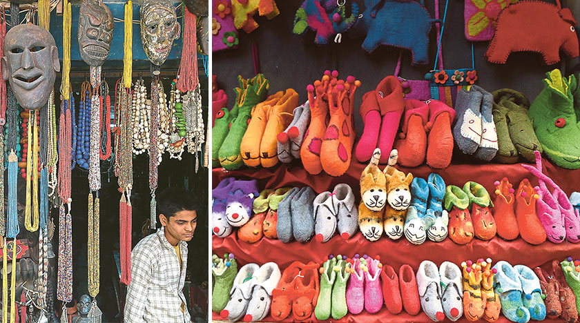 Unique masks and handicrafts (left). Try on these colourful handmade felt shoes (right)