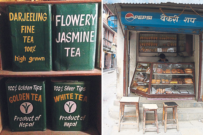 Specialty teas from Nepal are available in tins (left). Explore the small side streets of Thamel where tasty treats await (right)