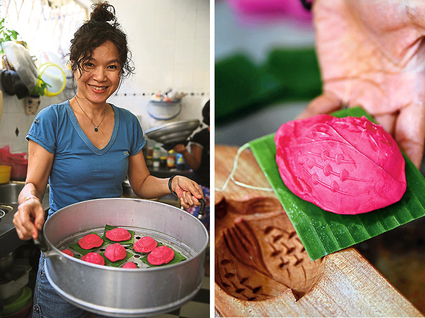 The peach shaped kuih angku is used for full moon celebrations to signify that a baby girl is born (left). Kuih angku is steamed over low heat to prevent its markings from disappearing and once it is ready, oil is brushed over it to maintain the markings (right).