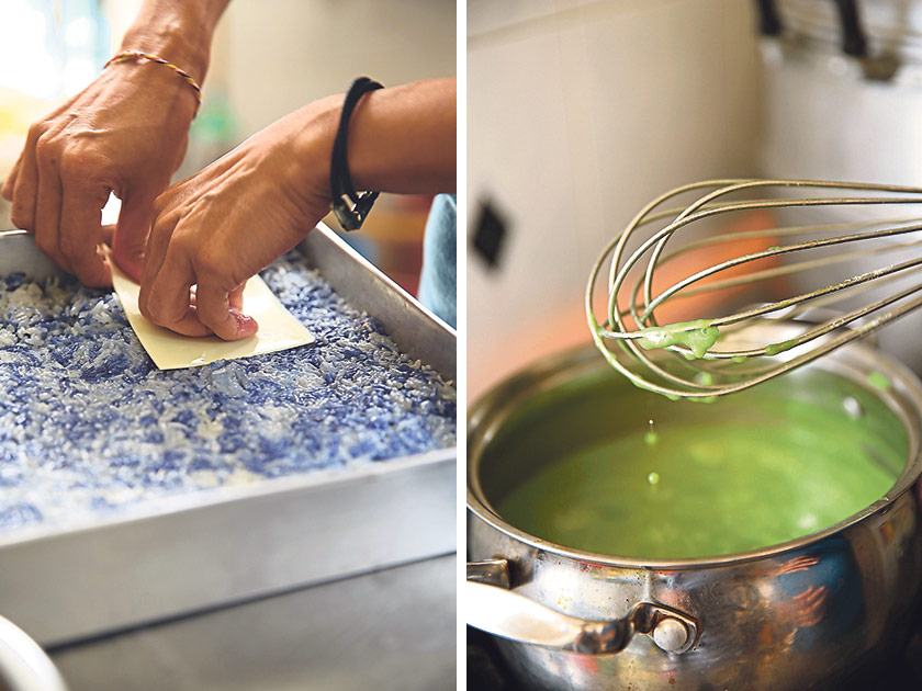 Steamed glutinous rice mixed with coconut milk is pressed down before the next layer is added (left). For a bright green pandan juice, look for a type of pandan leaves known as pandan serani. Mix it with the normal pandan leaves for the fragrance and use the squeezed pandan juice straightaway to prevent oxidisation (right).