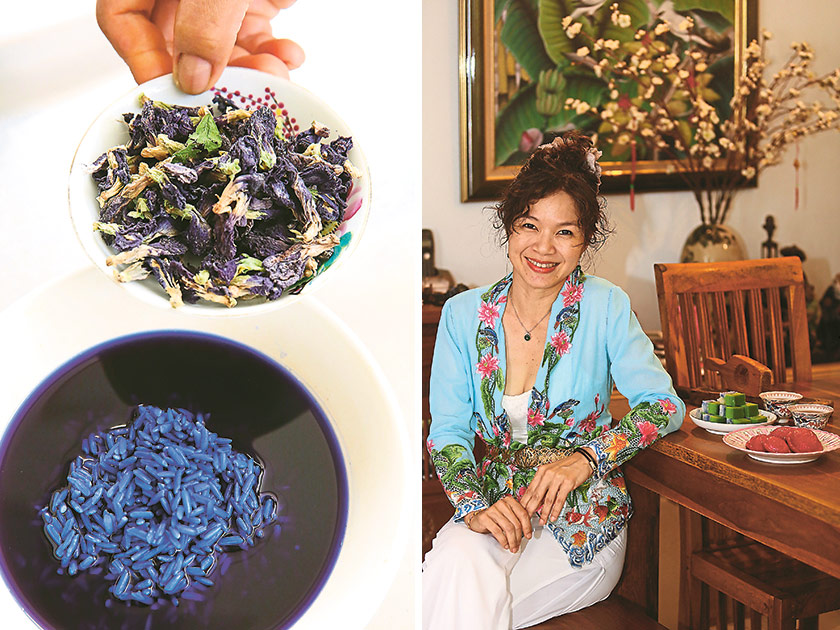 Dried butterfly pea flowers from Malacca can be kept in the refrigerator and used to naturally colour the glutinous rice for kuih seri muka (left). The Nyonya domestic goddess Debbie Teoh with her Nyonya kuih (right).