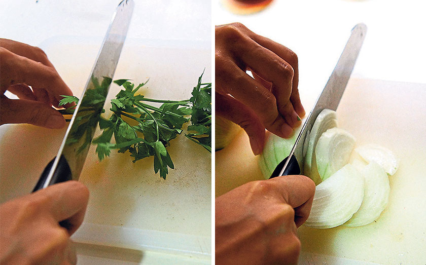 Cut parsley into 5cm pieces (left). Dice onions until they are about 1cm (right)