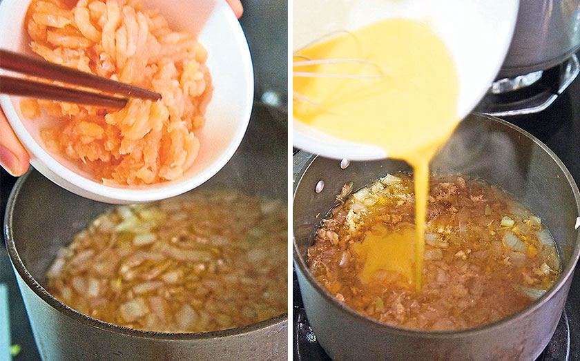 After adding onion into the pot, add in 100grams of minced chicken (left). Pour beaten egg into the mixture (right)