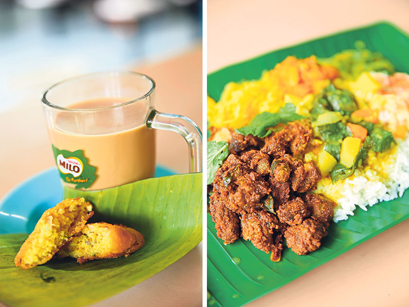 Kickstart your Friday morning with a delicious vadai and a glass of milky tea (left). Swing by for Friday lunch to sample the tender mutton varuval paired with dhal, vegetables and rice (right)