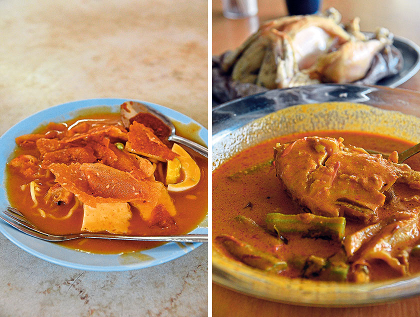 The Chinese style mee rebus can be had at Pokok Assam market for less than RM4 per portion (left). Have them with steamed rice or fried man tou buns; the curry fish and steamed salted chicken at Aun Loke are definitely not to be missed (right)