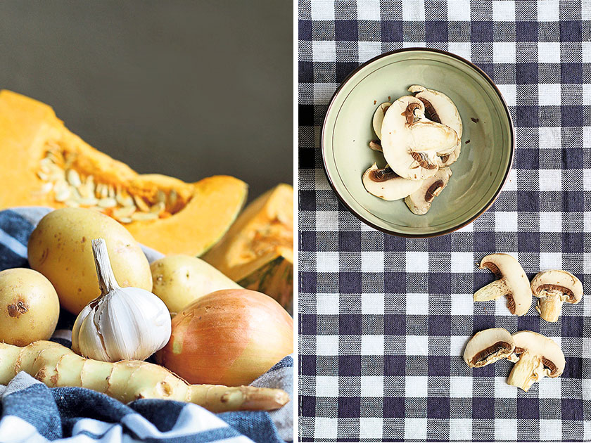 The simple ingredients for a hearty bowl of soup (left). Sliced mushrooms ready for a quick stir-fry (right)