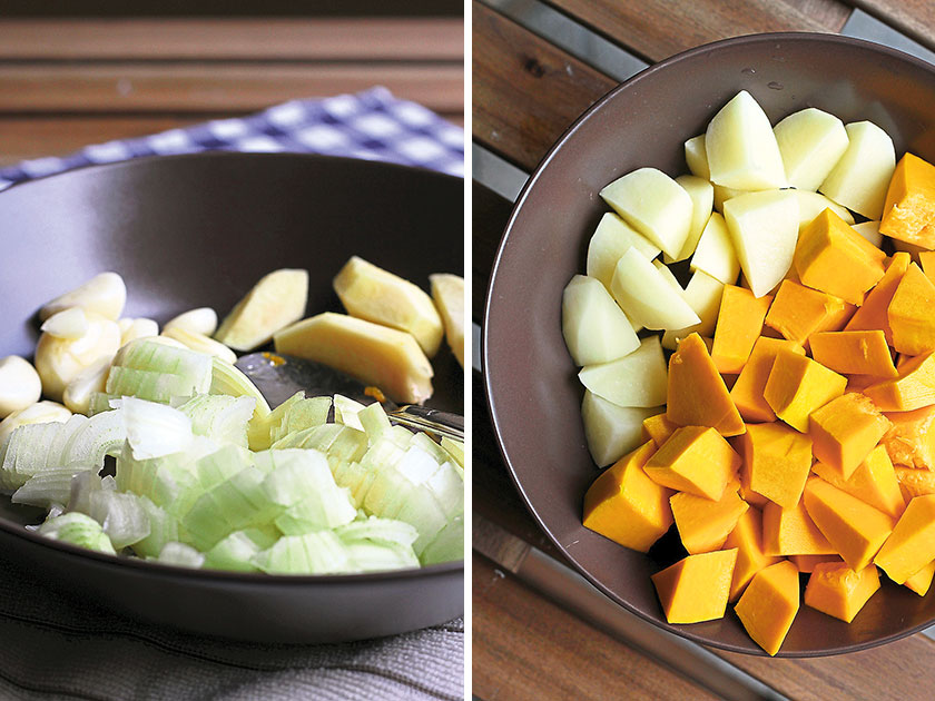 Leave the garlic cloves whole but do chop the onions and ginger (left). Cubed pumpkin and potatoes (right)