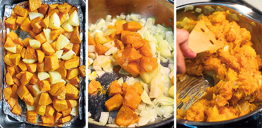 (From left) Place the pumpkin and potatoes into a large roasting tray lined with aluminium foil. Fry the onion, garlic and ginger till soft before adding the roasted vegetables. The entire mixture takes on the golden hue of the pumpkin