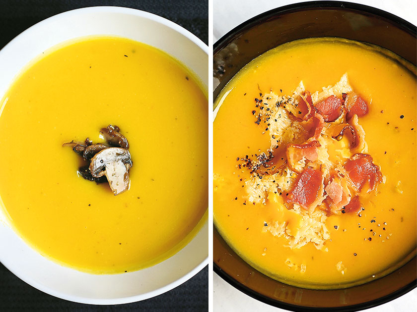 Place fried mushrooms on one bowl (left). Add grilled bacon with Parmesan cheese to the other bowl (right)