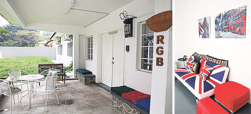 You can also dine outside on the small terrace near the entrance (left). The cosy British themed nook in the bungalow is the perfect place to read a book (right)