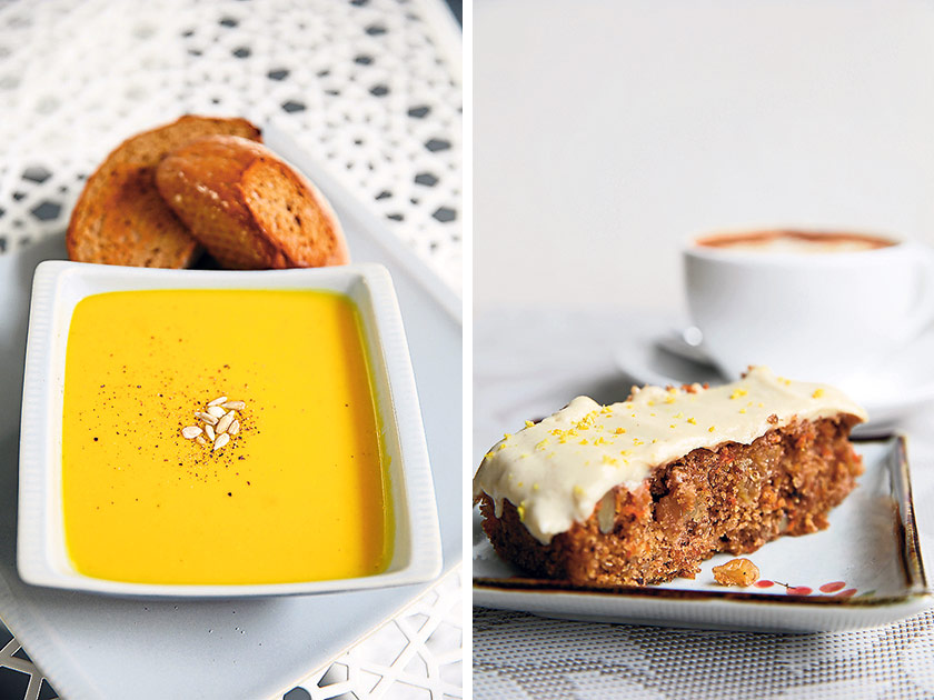 Slurp down a bowl of their creamy pumpkin soup (left). Vegans can relish this rich and nutty carrot cake (right)