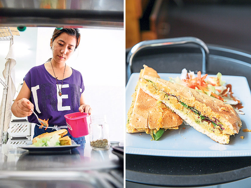 In the kitchen, food is prepared daily without MSG or any microwave (left). The mango masala filling can be ordered with a panini sandwich, coconut oil wrap, rye bread, burger bun or carb-less (right)