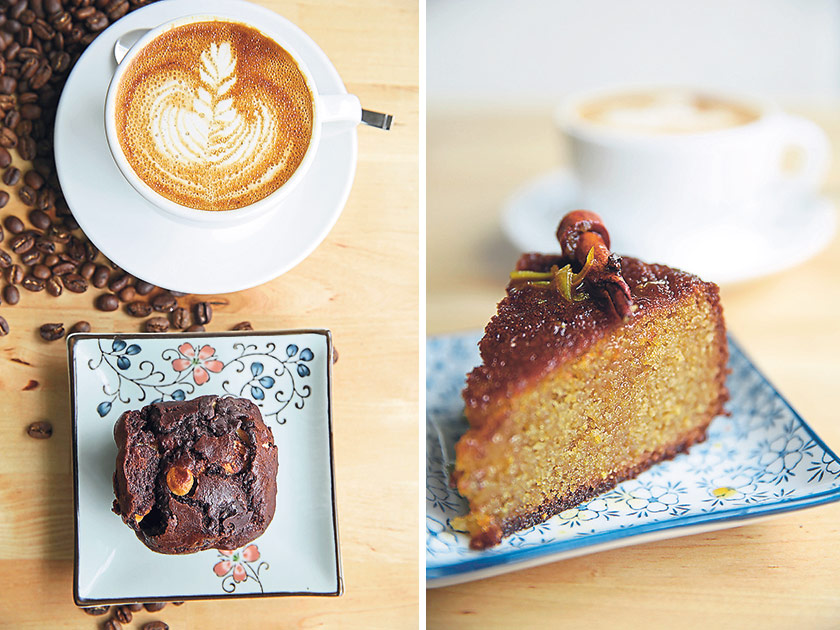 Enjoy a vegan chocolate muffin with your cup of coffee (left). The almonds in the Moroccan spice cake go through a long process of blanching, soaking to get rid of their phytic acids and dehydration before they are ground into a powder form for the cake (right)
