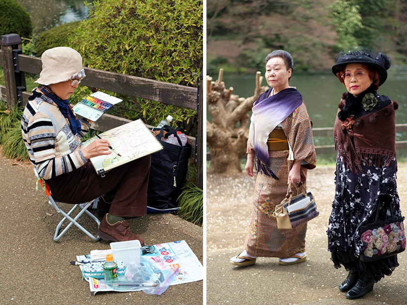 Painting cherry blossoms is springtime pastime (left). Ladies in traditional kimono and elegant formal wear (right)
