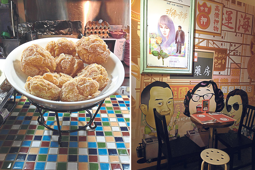 Cafe Pak Lee’s version are chunky in size and known as “egg pearls” (left). Cafe Pak Lee celebrates movie stars with caricatures and posters (right).