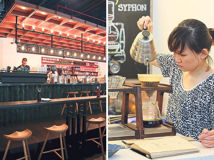 Casual Melburnian café vibes at Common Man Coffee Roasters (left). At Jewel Coffee, concentration and a steady hand are essential for brewing using V60 (right).