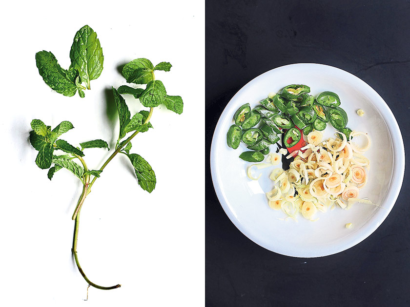 Mint leaves are the perfect ingredient to freshen up a dish (left). Chopped cili padi (bird’s eye chilli) and diced lemongrass (right)