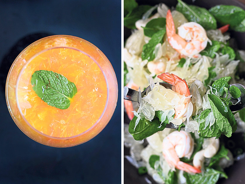 Ginger juice gives this summer punch a spicy edge (left). This Thai mangosteen, pomelo and mint salad is refreshing yet full of flavour (right)