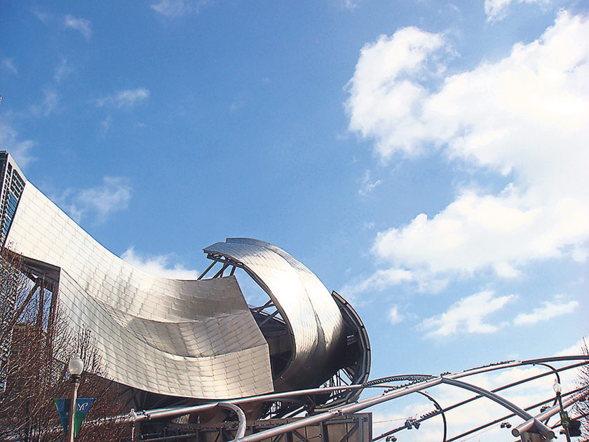 You can tell it’s a Gehry design from his signature brushed stainless steel headdress