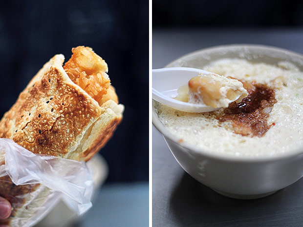 Fancy your youtiao sandwiched in a fragrant sesame bun? (left). Savoury soy milk, topped with dried shrimps, you tiao chunks, scallions and pickled vegetables (right).