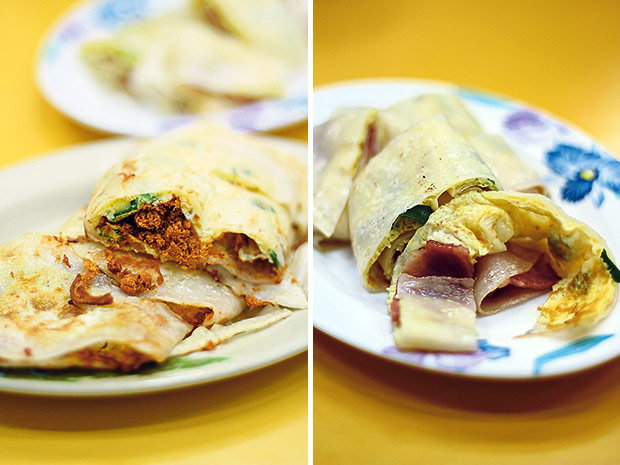 Danbing, a Taiwanese rolled egg crêpe filled with crispy bacon (left). Another danbing; this one filled with fluffy pork floss (right).