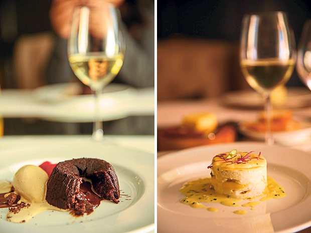 A beautiful pairing of chocolate fondant with salted caramel ice-cream (left). One of The Langford Fivehead’s popular appetisers is this light fluffy crab and scallop mousse sandwiched between thin layers of homemade pasta and served with a chive beurre blanc (right).