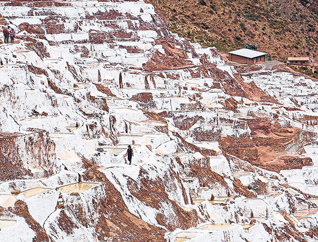 The gentle slope of the salt evaporation ponds form a spider-web-like terrace.