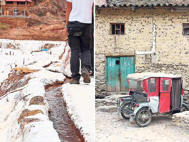 Walking along the “snow” tracks interweaving between the salt evaporation ponds is a delicate balancing act (left). A rustic Peruvian house made from brick and mud (right).