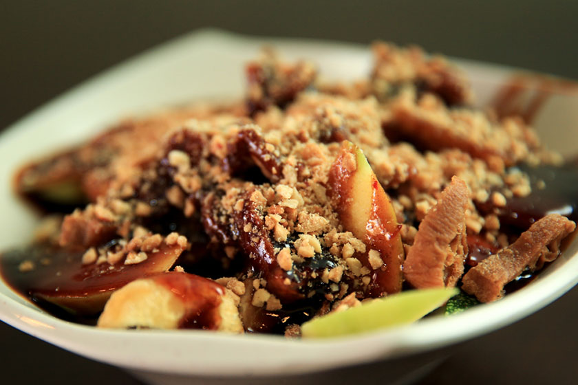 A popular side dish eaten with the asam laksa is the rojak with an aromatic sauce made from prawn paste