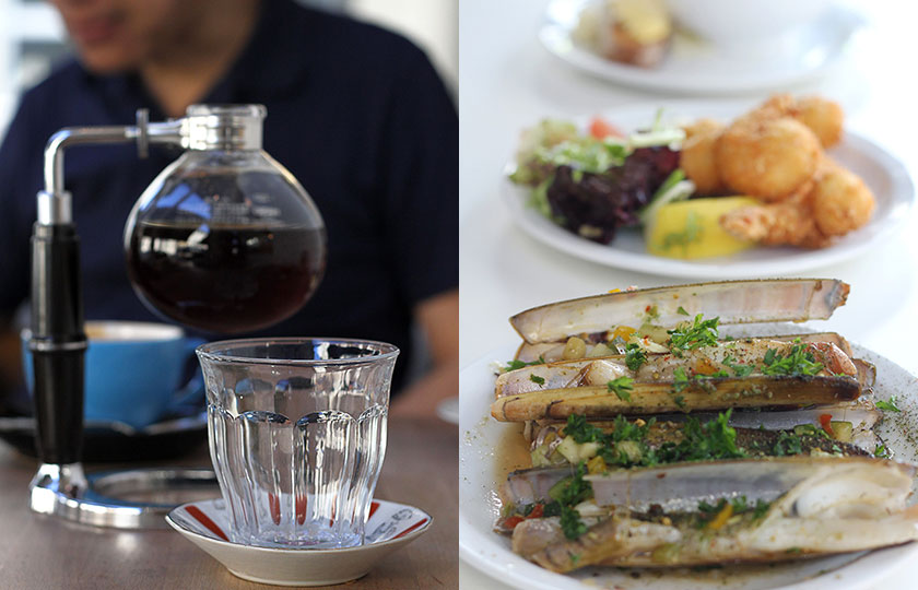 Pour your own hand-brewed siphon coffee at Le Café du Sablon (left). Razor clams à la plancha (cooked on a flattop grill) (right).