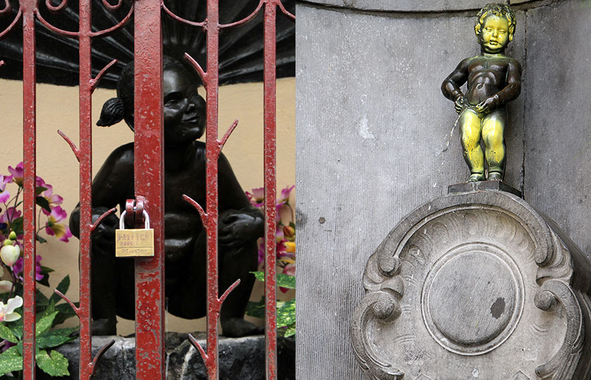 Is Jeanneke Pis, a statue of a little girl squatting and urinating gleefully, promoting gender equality? (left). Manneken Pis, possibly the cheekiest city mascot in the world (right)
