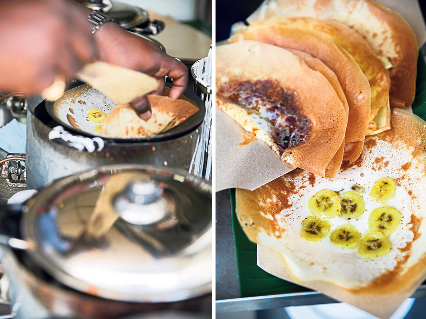 Once the apom manis is cooked, it’s gently removed from the wok with a spatula (left). You can also enjoy various fillings like brown sugar, egg, corn and bananas with your apom manis (right)